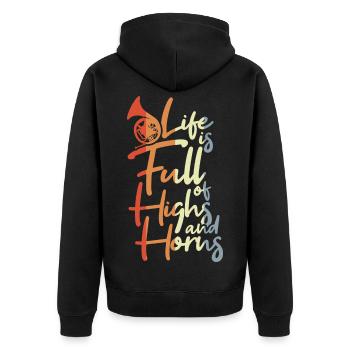 Life Is Full of Highs and Horns - Unisex Premium Bio Zip Hoodie - Schwarz - Hinten - Nico (187cm)