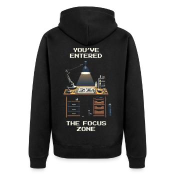 In the Focus Zone | Model Making & Miniatures - Unisex Premium Organic Zip Hoodie - black - Back - Nico (187cm)