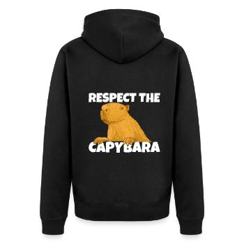 respect the capybara - Unisex Premium Bio Zip Hoodie - Schwarz - Hinten - Nico (187cm)