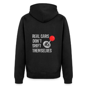 Echte Autos schalten nicht von selbst - Unisex Premium Bio Zip Hoodie - Schwarz - Hinten - Nico (187cm)