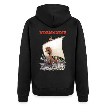 NORMANDIE Kreation Louis RUNEMBERG © Adagp - Unisex Premium Bio Zip Hoodie - Schwarz - Hinten - Nico (187cm)