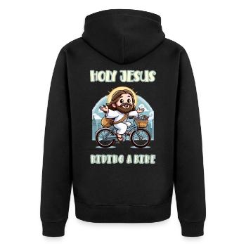 Holy Jesus riding a bike - Unisex Premium Bio Zip Hoodie - Schwarz - Hinten - Nico (187cm)