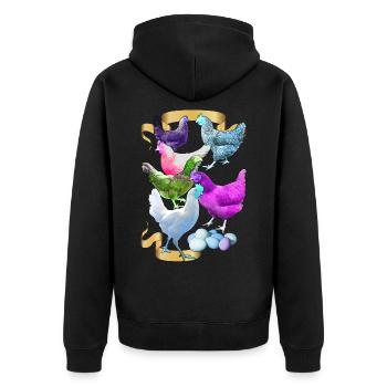 Alex' Hühner in funky Farben - Unisex Premium Bio Zip Hoodie - Schwarz - Hinten - Nico (187cm)