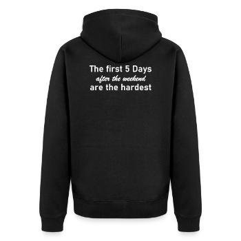 Die ersten 5 Tage Weiß - Unisex Premium Bio Zip Hoodie - Schwarz - Hinten - Nico (187cm)