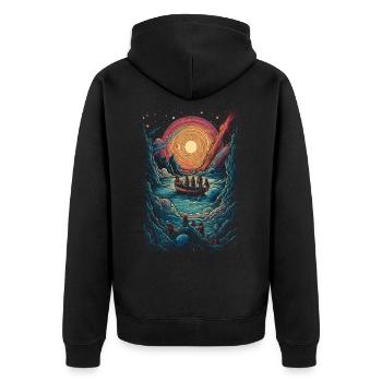 Surrealistische Kanu Gruppe im Universum Sonne - Unisex Premium Bio Zip Hoodie - Schwarz - Hinten - Nico (187cm)