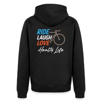 Ride Laugh Love Healty Life - Unisex Premium Bio Zip Hoodie - Schwarz - Hinten - Nico (187cm)