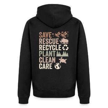 Speichern Retten Recyceln Anlage Saubere Pflege | Tag der Erde - Unisex Premium Bio Zip Hoodie - Schwarz - Hinten - Nico (187cm)