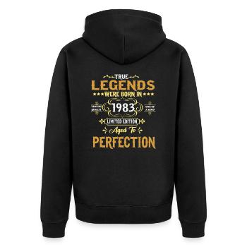 Les légendes sont nées en 1983 - Veste à capuche bio Premium Unisexe - noir - Dos - Nico (187cm)
