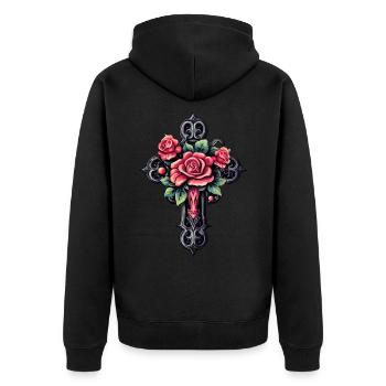 Gothic cross with roses - Unisex Premium Organic Zip Hoodie - black - Back - Nico (187cm)