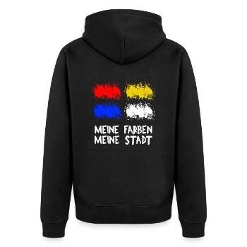 Mainz Fastnacht Farben Meine Stadt - Unisex Premium Bio Zip Hoodie - Schwarz - Hinten - Nico (187cm)