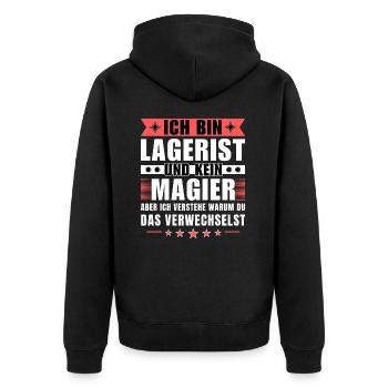 Ich bin Lagerist und kein Magier - Unisex Premium Bio Zip Hoodie - Schwarz - Hinten - Nico (187cm)