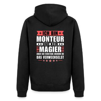 Ich bin Monteur und kein Magier - Unisex Premium Bio Zip Hoodie - Schwarz - Hinten - Nico (187cm)