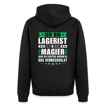 Ich bin Lagerist und kein Magier - Unisex Premium Bio Zip Hoodie - Schwarz - Hinten - Nico (187cm)