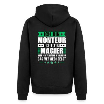 Ich bin Monteur und kein Magier - Unisex Premium Bio Zip Hoodie - Schwarz - Hinten - Nico (187cm)