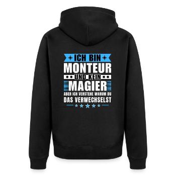 Ich bin Monteur und kein Magier - Unisex Premium Bio Zip Hoodie - Schwarz - Hinten - Nico (187cm)