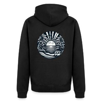 Urlaub Sommer Sonne Strand Palmen Silhouette - Unisex Premium Bio Zip Hoodie - Schwarz - Hinten - Nico (187cm)