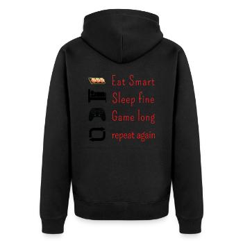 Mangez intelligemment, Dormez bien, Jouez longtemps, répétez à nouveau - Veste à capuche bio Premium Unisexe - noir - Dos - Nico (187cm)