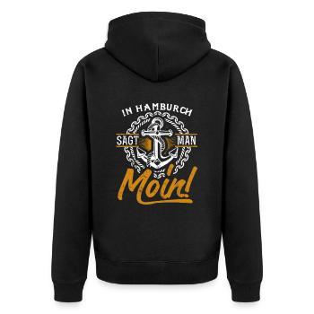 In Hamburch sagt man Moin – Maritimes Design - Unisex Premium Bio Zip Hoodie - Schwarz - Hinten - Nico (187cm)