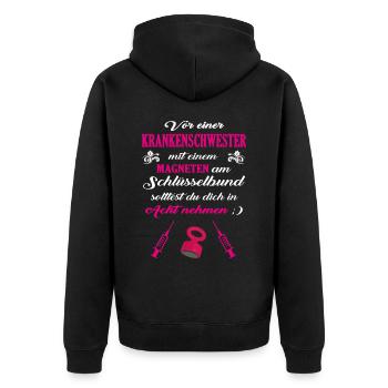 Achtung vor der Krankenschwester – Mit Humor - Unisex Premium Bio Zip Hoodie - Schwarz - Hinten - Nico (187cm)
