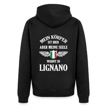 Lignano-Liebe – Endlose Strände und Meerträume - Unisex Premium Bio Zip Hoodie - Schwarz - Hinten - Nico (187cm)