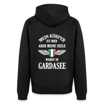 Gardasee Sehnsucht – Entspannung pur am Wasser - Unisex Premium Bio Zip Hoodie - Schwarz - Hinten - Nico (187cm)