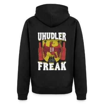 Uhudler Freak – Stolz auf das Burgenland - Unisex Premium Bio Zip Hoodie - Schwarz - Hinten - Nico (187cm)