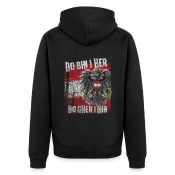 Do bin i her – Österreichischer Heimatstolz - Unisex Premium Bio Zip Hoodie - Schwarz - Hinten - Nico (187cm)