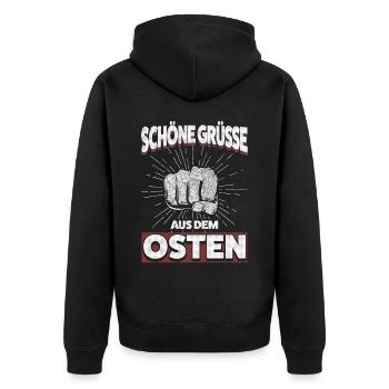 Greetings from the East: Strong Ossi Power - Unisex Premium Organic Zip Hoodie - black - Back - Nico (187cm)