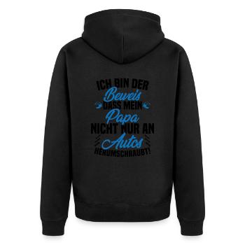 Ich Bin der Beweis DASS Papa Nicht nur an Autos - Unisex Premium Bio Zip Hoodie - Schwarz - Hinten - Nico (187cm)