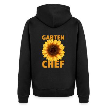 Ich bin der Chef in meinem Garten Lustiger Spruch - Unisex Premium Bio Zip Hoodie - Schwarz - Hinten - Nico (187cm)
