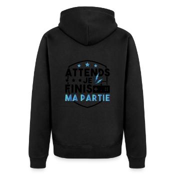 Moment, ich beende mein Spiel - Unisex Premium Bio Zip Hoodie - Schwarz - Hinten - Nico (187cm)