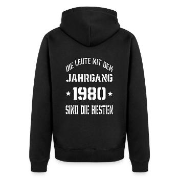 Die Leute mit dem Jahrgang 1980 - Unisex Premium Bio Zip Hoodie - Schwarz - Hinten - Nico (187cm)