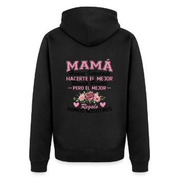 Mama, aber das schönste Geschenk sind wir - Unisex Premium Bio Zip Hoodie - Schwarz - Hinten - Nico (187cm)