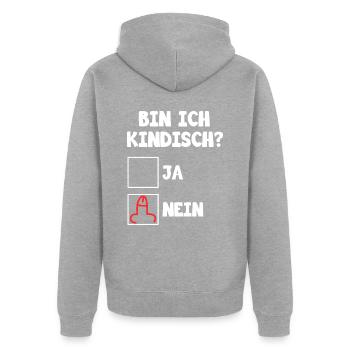 Bin ich kindisch ja nein für dunkle Mode - Unisex Premium Bio Zip Hoodie - Grau meliert - Hinten - Nico (187cm)