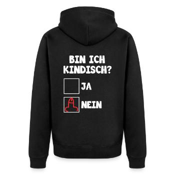 Bin ich kindisch ja nein für dunkle Mode - Unisex Premium Bio Zip Hoodie - Schwarz - Hinten - Nico (187cm)