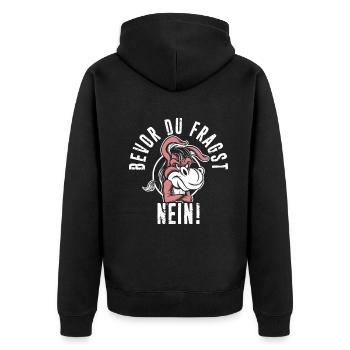 Lustiger Spruch mit Einhorn - Unisex Premium Bio Zip Hoodie - Schwarz - Hinten - Nico (187cm)