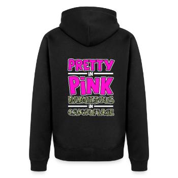 Pretty in Pink Gefährlich in Camouflage Lustig Ers - Unisex Premium Bio Zip Hoodie - Schwarz - Hinten - Nico (187cm)