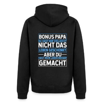 Bonus Papa - Unisex Premium Bio Zip Hoodie - Schwarz - Hinten - Nico (187cm)