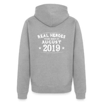Real Heroes were born in August 2019 Birthday - Unisex Premium Organic Zip Hoodie - heather grey - Back - Nico (187cm)