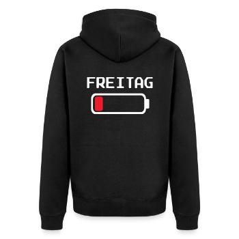 Freitag Batterie leer Design - Unisex Premium Bio Zip Hoodie - Schwarz - Hinten - Nico (187cm)