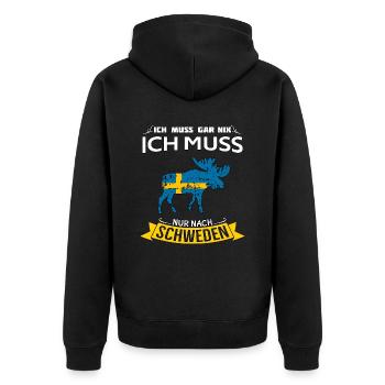 Ich muss nur nach Schweden Spruch Lustig - Unisex Premium Bio Zip Hoodie - Schwarz - Hinten - Nico (187cm)