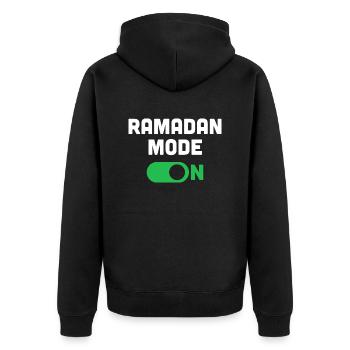 Ramadan-Modus an - Unisex Premium Bio Zip Hoodie - Schwarz - Hinten - Nico (187cm)
