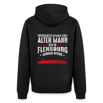 Flensburg Stadt Skyline | Alter Mann Flensburger - Unisex Premium Bio Zip Hoodie - Schwarz - Hinten - Nico (187cm)