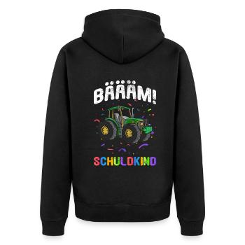Einschulung | Bäääm! Schulkind - Unisex Premium Bio Zip Hoodie - Schwarz - Hinten - Nico (187cm)