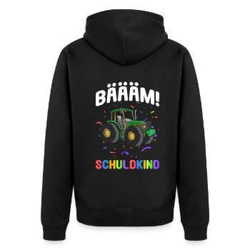 Einschulung Geschenk | Traktor Junge Geschenkidee - Unisex Premium Bio Zip Hoodie - Schwarz - Hinten - Nico (187cm)