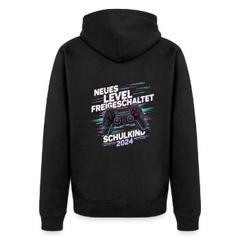 Einschulung Schulanfang Jungen Schulkind 2024 - Unisex Premium Bio Zip Hoodie - Schwarz - Hinten - Nico (187cm)