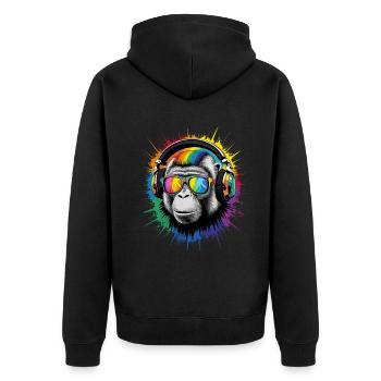 DJ Cool Fun Lustig Bunt Pop Art Techno Festival - Unisex Premium Bio Zip Hoodie - Schwarz - Hinten - Nico (187cm)