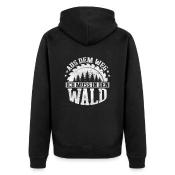 Holzfäller Spruch Aus dem Weg ich muss in den Wald - Unisex Premium Bio Zip Hoodie - Schwarz - Hinten - Nico (187cm)