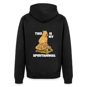 This is my Spiritanimal capybara - Unisex Premium Bio Zip Hoodie - Schwarz - Hinten - Nico (187cm)