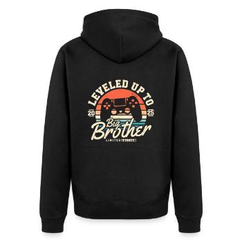 Zum großen Bruder aufgestiegen 2025 - Unisex Premium Bio Zip Hoodie - Schwarz - Hinten - Nico (187cm)